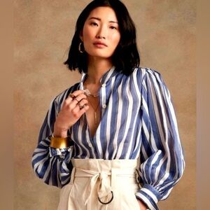 Banana Republic Blue & White Ramie Striped Puff Sleeve Blouse Size M